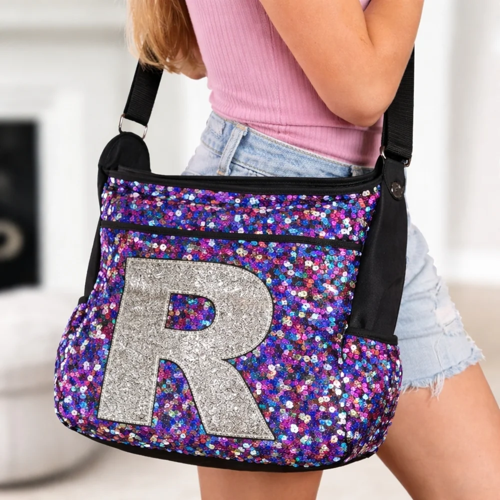 Justice Girls Black Messenger Bag Purple Silver Sequin Initial “R” Crossbody - Picture 1 of 16